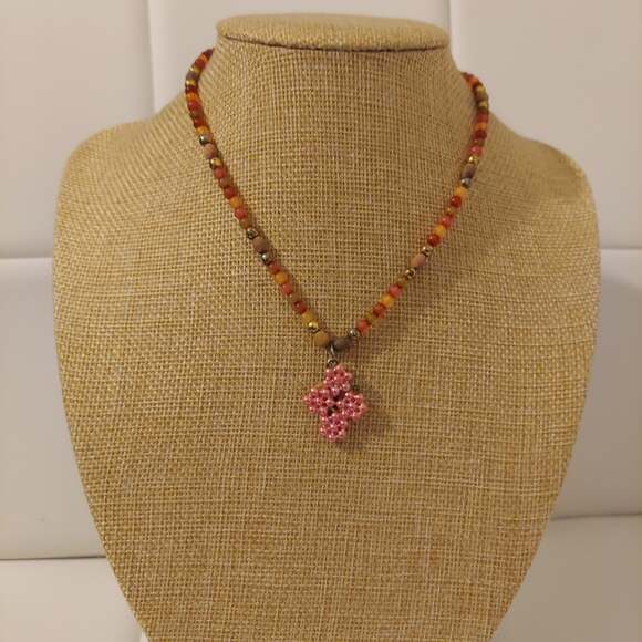 Vintage Jewelry - 925 Sterling Silver Heart and Key Clasp Pink Cross Pendant 14" Necklace